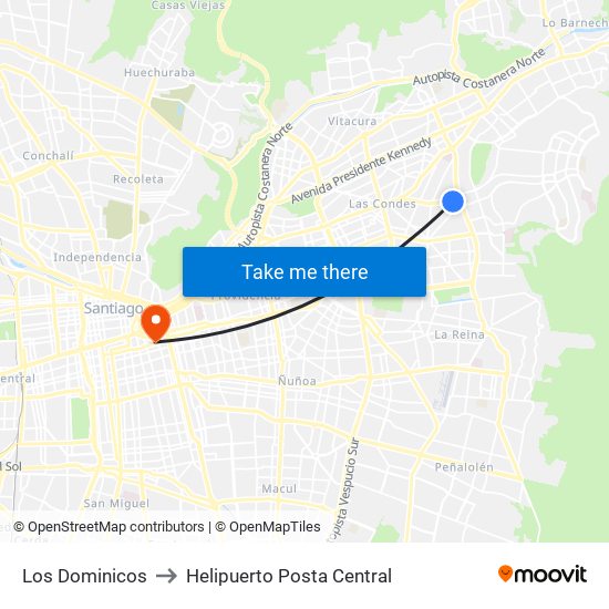 Los Dominicos to Helipuerto Posta Central map