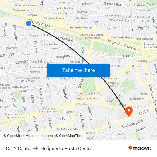 Cal Y Canto to Helipuerto Posta Central map
