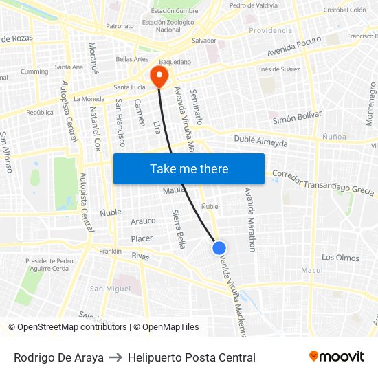 Rodrigo De Araya to Helipuerto Posta Central map