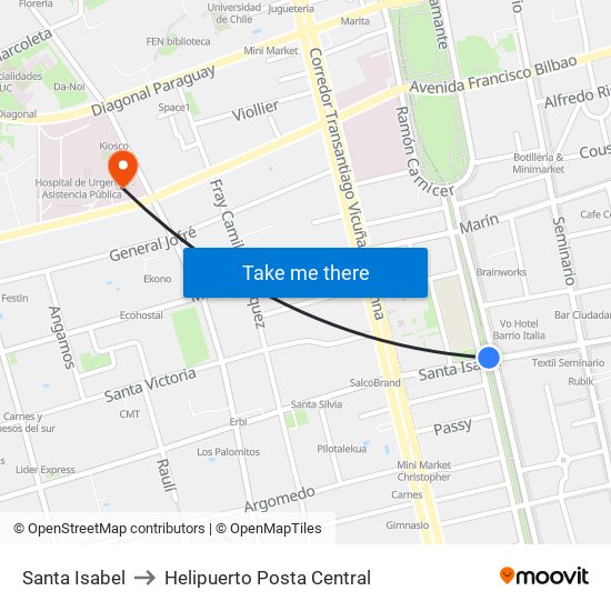 Santa Isabel to Helipuerto Posta Central map