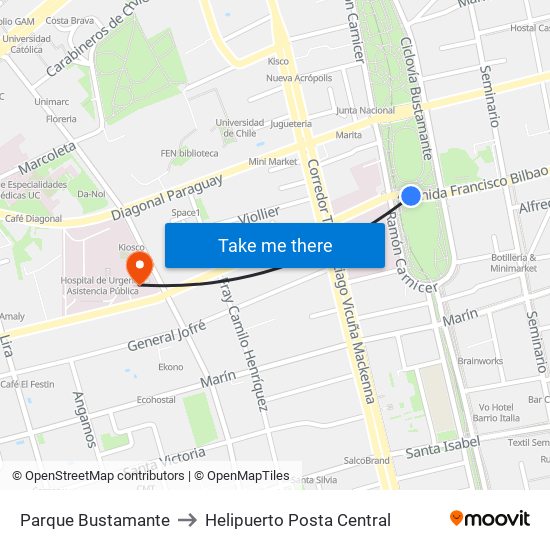 Parque Bustamante to Helipuerto Posta Central map