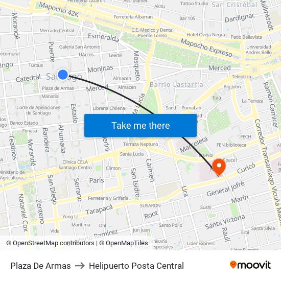 Plaza De Armas to Helipuerto Posta Central map