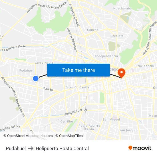 Pudahuel to Helipuerto Posta Central map