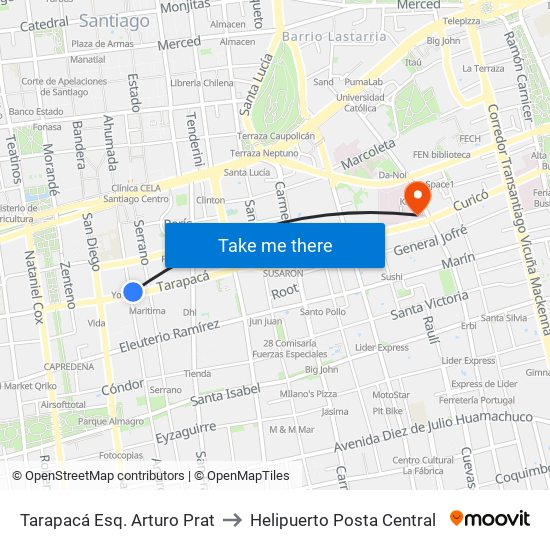 Tarapacá Esq. Arturo Prat to Helipuerto Posta Central map
