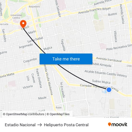 Estadio Nacional to Helipuerto Posta Central map