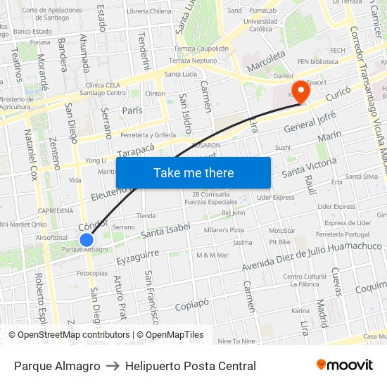 Parque Almagro to Helipuerto Posta Central map