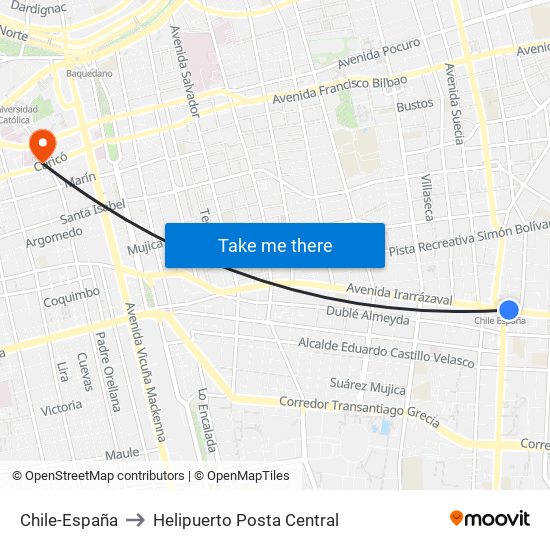 Chile-España to Helipuerto Posta Central map