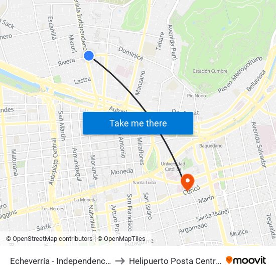 Echeverría - Independencia to Helipuerto Posta Central map