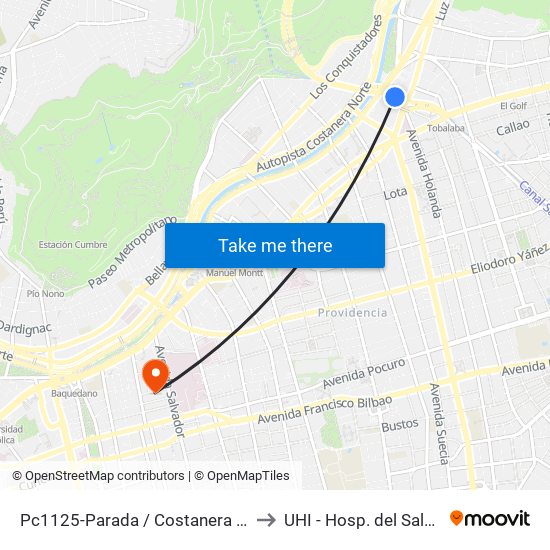 Pc1125-Parada / Costanera Center to UHI - Hosp. del Salvador map