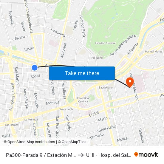 Pa300-Parada 9 / Estación Mapocho to UHI - Hosp. del Salvador map