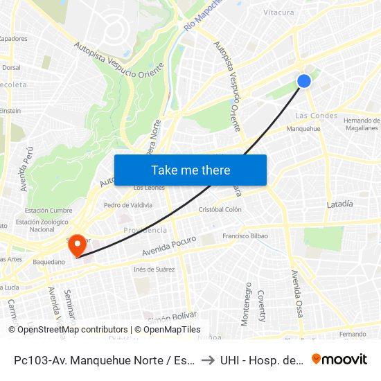 Pc103-Av. Manquehue Norte / Esq. Av. Pdte. Riesco to UHI - Hosp. del Salvador map