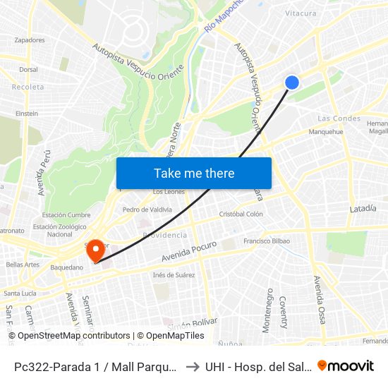 Pc322-Parada 1 / Mall Parque Arauco to UHI - Hosp. del Salvador map