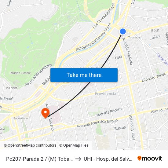 Pc207-Parada 2 / (M) Tobalaba to UHI - Hosp. del Salvador map