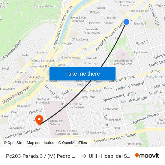 Pc203-Parada 3 / (M) Pedro De Valdivia to UHI - Hosp. del Salvador map