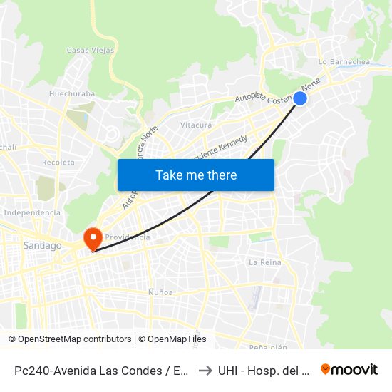 Pc240-Avenida Las Condes / Esq. Pamplona to UHI - Hosp. del Salvador map