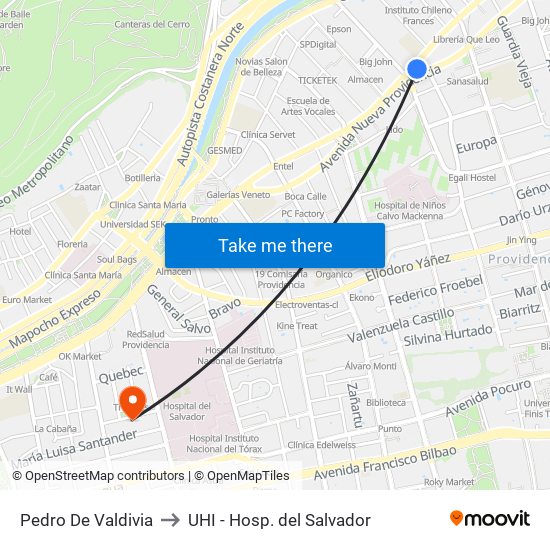 Pedro De Valdivia to UHI - Hosp. del Salvador map