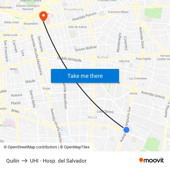 Quilín to UHI - Hosp. del Salvador map