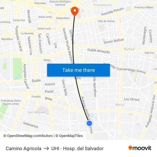 Camino Agrícola to UHI - Hosp. del Salvador map