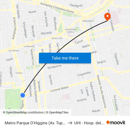 Metro Parque O'Higgins (Av. Tupper Esq. Av. Viel) to UHI - Hosp. del Salvador map