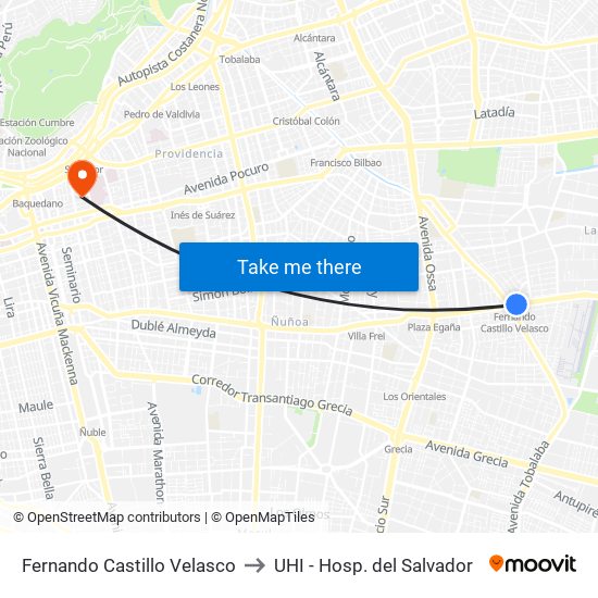 Fernando Castillo Velasco to UHI - Hosp. del Salvador map