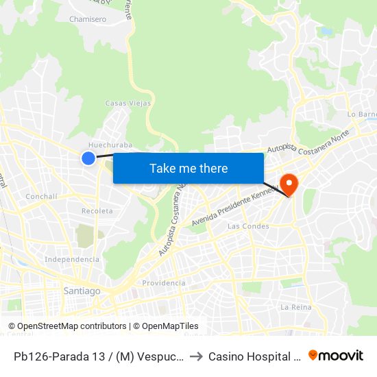 Pb126-Parada 13 / (M) Vespucio Norte to Casino Hospital FACH map
