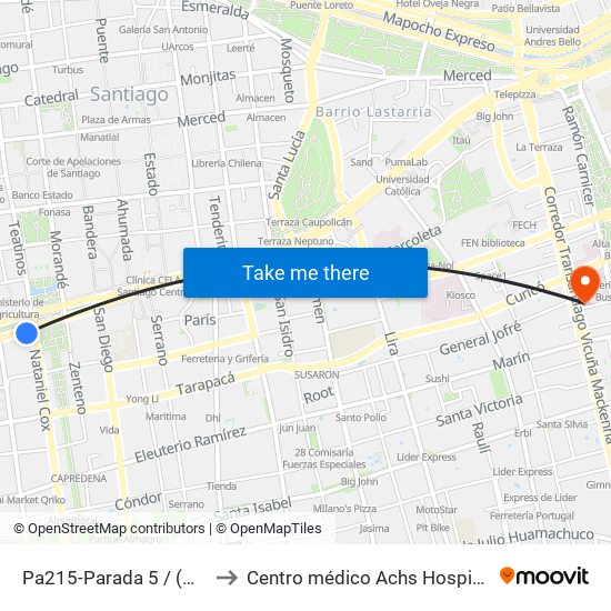 Pa215-Parada 5 / (M) La Moneda to Centro médico Achs Hospital del trabajador map