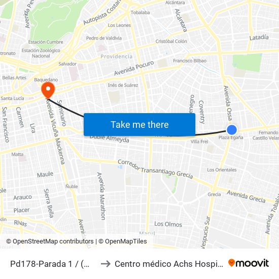Pd178-Parada 1 / (M) Plaza Egaña to Centro médico Achs Hospital del trabajador map