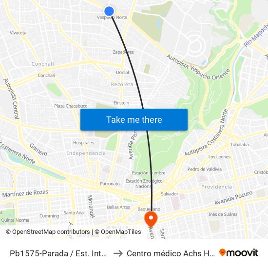 Pb1575-Parada / Est. Intermodal Vespucio Norte to Centro médico Achs Hospital del trabajador map