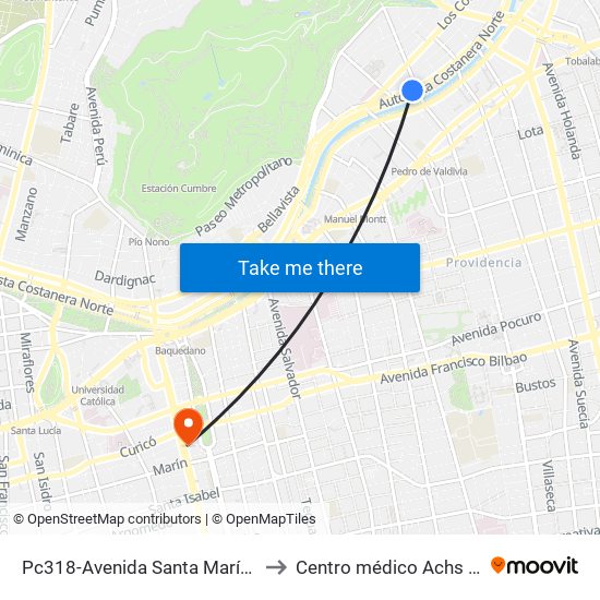 Pc318-Avenida Santa María / Esq. Av. Pedro De Valdivia to Centro médico Achs Hospital del trabajador map