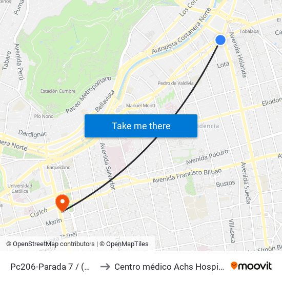 Pc206-Parada 7 / (M) Los Leones to Centro médico Achs Hospital del trabajador map