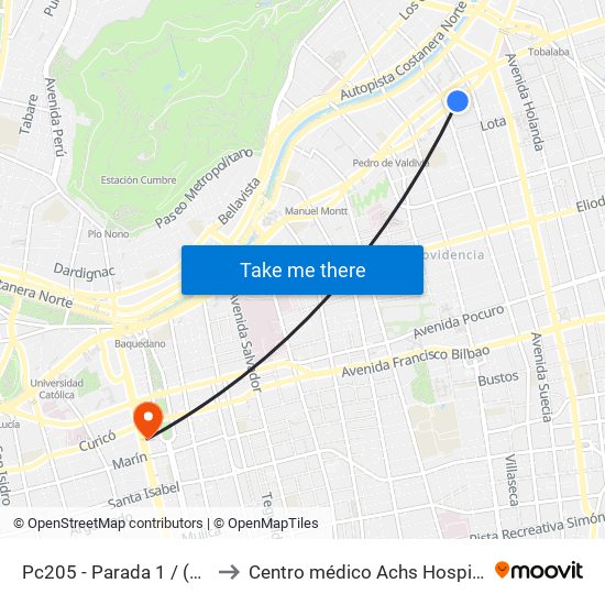 Pc205 - Parada 1 / (M) Los Leones to Centro médico Achs Hospital del trabajador map