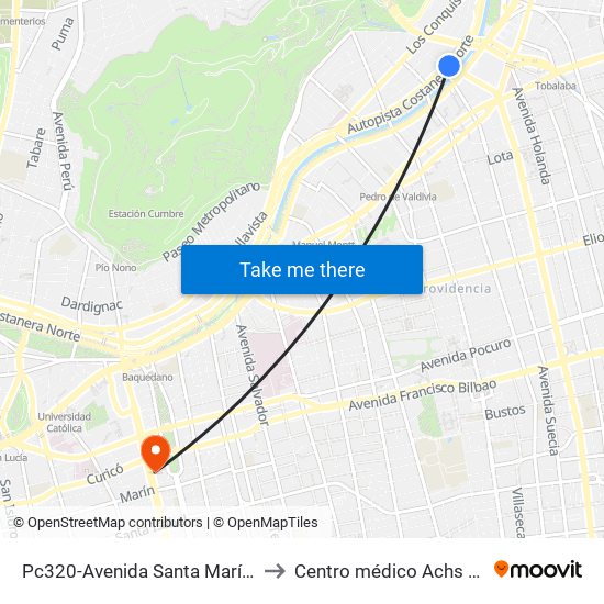 Pc320-Avenida Santa María / Esq. Puente Los Leones to Centro médico Achs Hospital del trabajador map