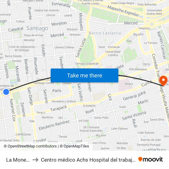 La Moneda to Centro médico Achs Hospital del trabajador map