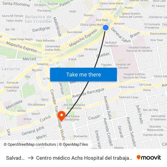 Salvador to Centro médico Achs Hospital del trabajador map