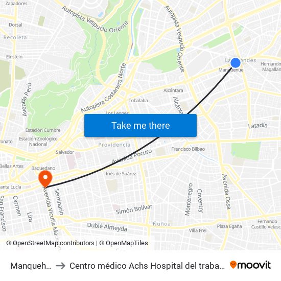 Manquehue to Centro médico Achs Hospital del trabajador map