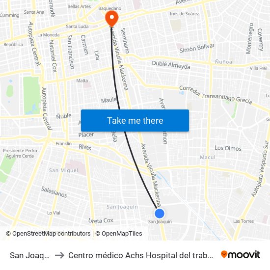 San Joaquín to Centro médico Achs Hospital del trabajador map