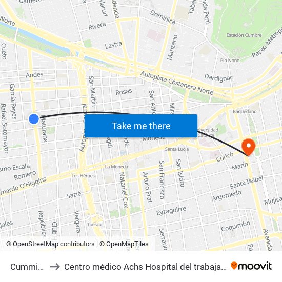 Cumming to Centro médico Achs Hospital del trabajador map
