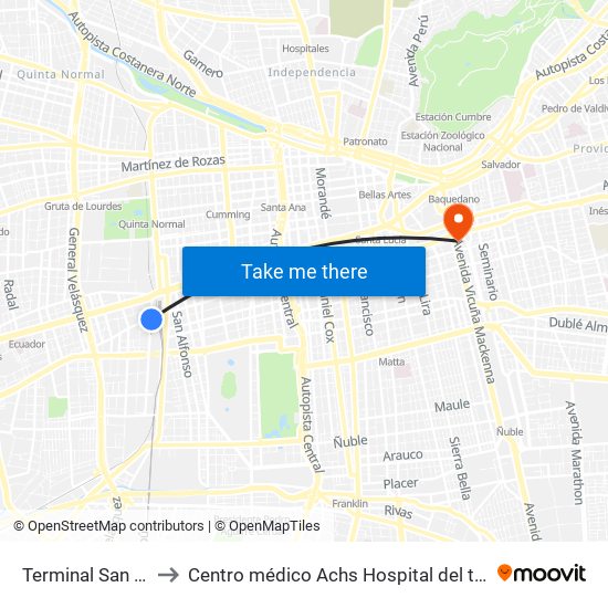 Terminal San Borja to Centro médico Achs Hospital del trabajador map