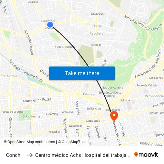 Conchalí to Centro médico Achs Hospital del trabajador map