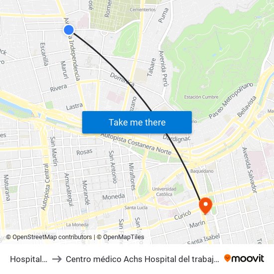 Hospitales to Centro médico Achs Hospital del trabajador map