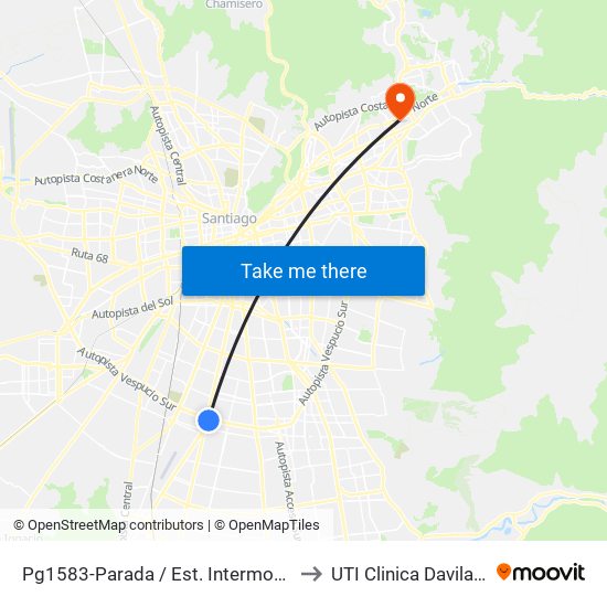 Pg1583-Parada / Est. Intermodal La Cisterna to UTI Clinica Davila - 4° Piso map