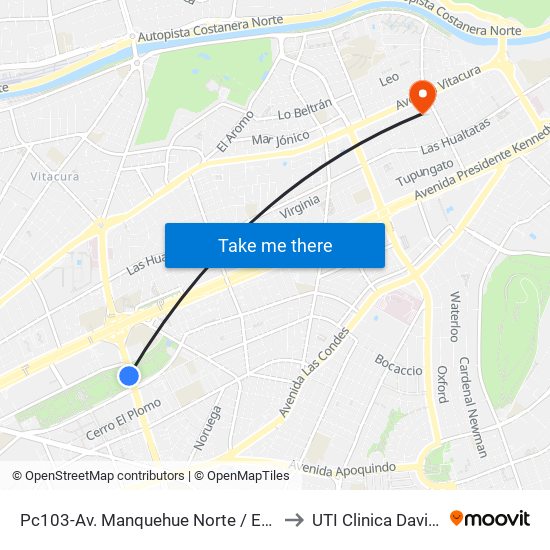 Pc103-Av. Manquehue Norte / Esq. Av. Pdte. Riesco to UTI Clinica Davila - 4° Piso map