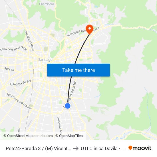 Pe524-Parada 3 / (M) Vicente Valdés to UTI Clinica Davila - 4° Piso map