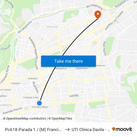 Pc618-Parada 1 / (M) Francisco Bilbao to UTI Clinica Davila - 4° Piso map