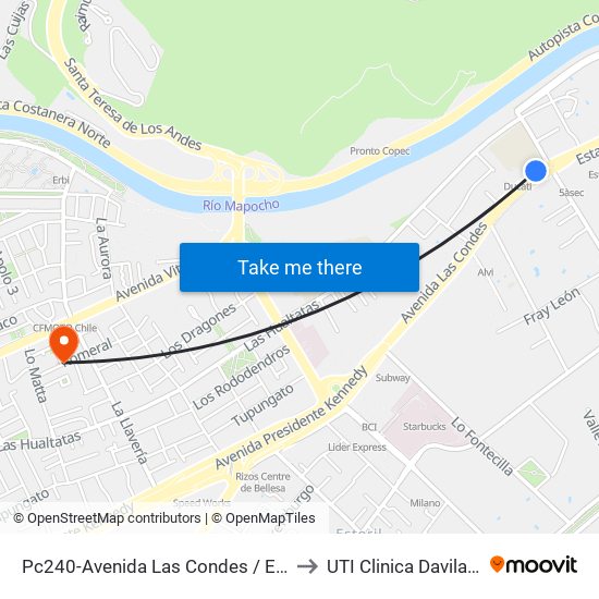 Pc240-Avenida Las Condes / Esq. Pamplona to UTI Clinica Davila - 4° Piso map