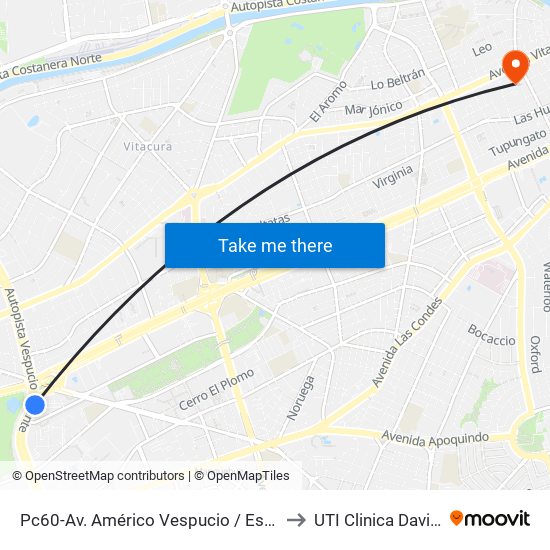 Pc60-Av. Américo Vespucio / Esq. Av. Pdte. Kennedy to UTI Clinica Davila - 4° Piso map