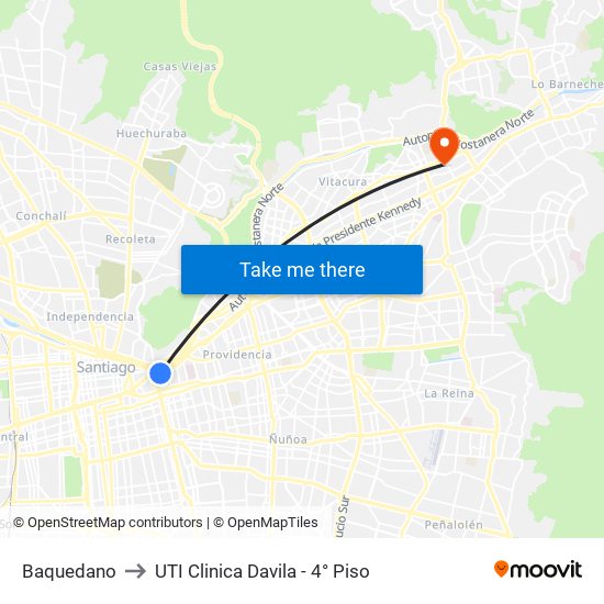 Baquedano to UTI Clinica Davila - 4° Piso map