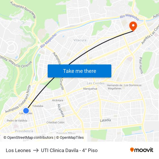 Los Leones to UTI Clinica Davila - 4° Piso map