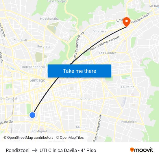 Rondizzoni to UTI Clinica Davila - 4° Piso map