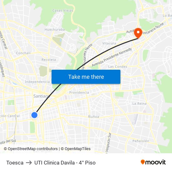 Toesca to UTI Clinica Davila - 4° Piso map